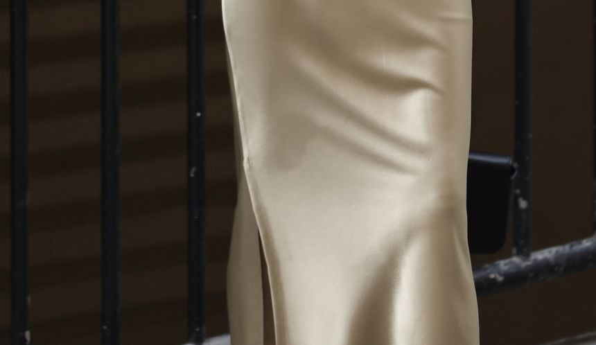 Slit Rise Midi Skirt Pencil Satin High Plain