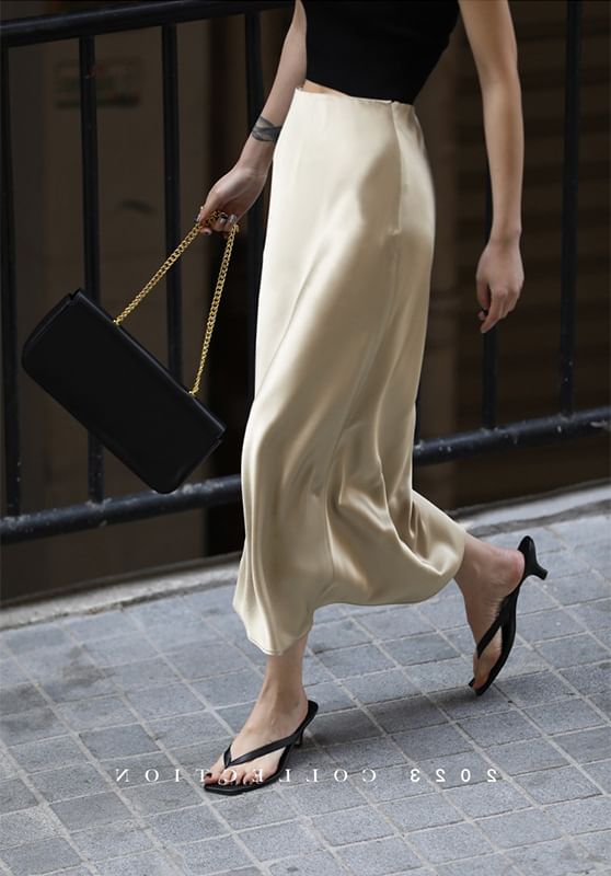 Midi High Satin Skirt Rise Plain Slit Pencil