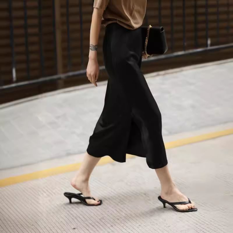 Midi High Satin Skirt Rise Plain Slit Pencil