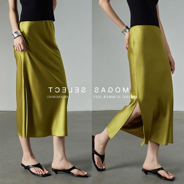 Slit Rise Midi Skirt Pencil Satin High Plain