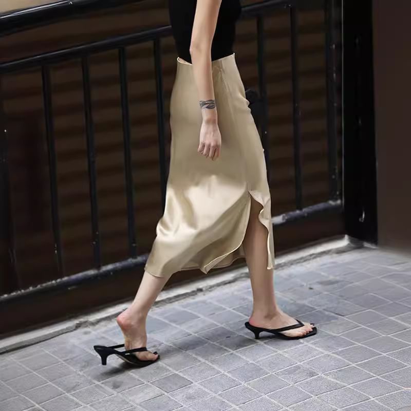 Slit Rise Midi Skirt Pencil Satin High Plain