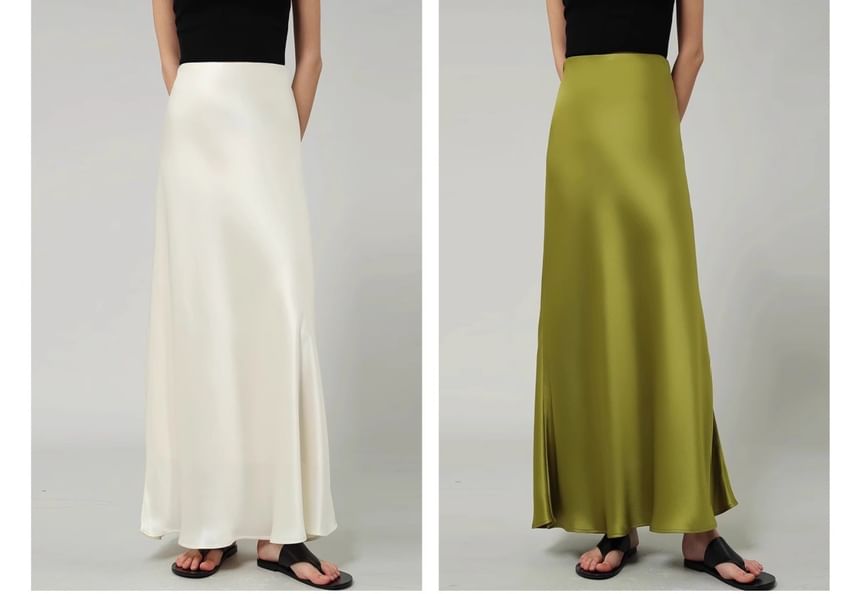 Waist Satin Plain High A-Line Skirt Maxi