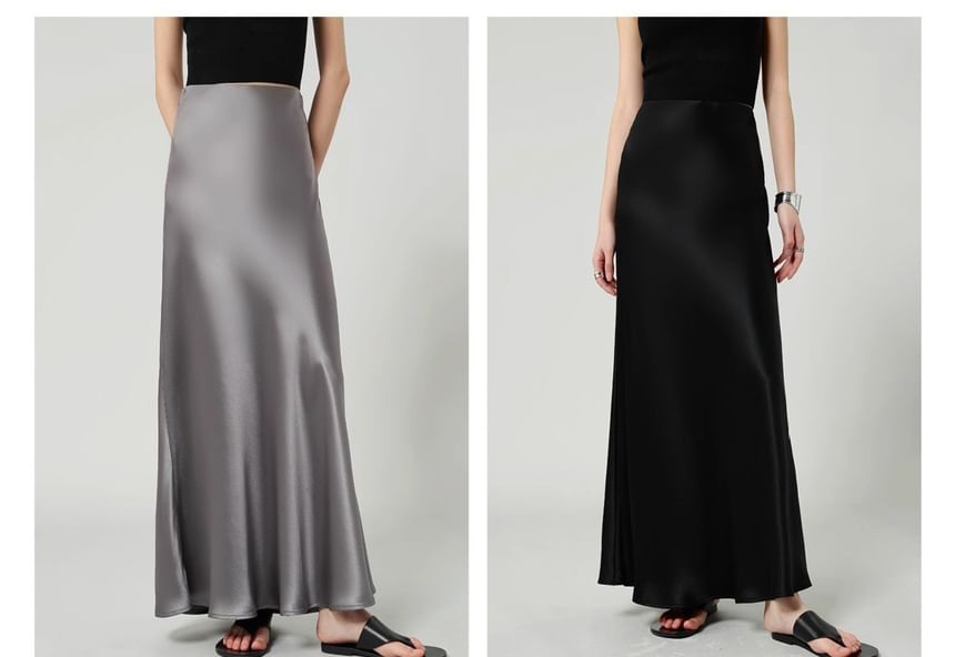 Waist Satin Plain High A-Line Skirt Maxi