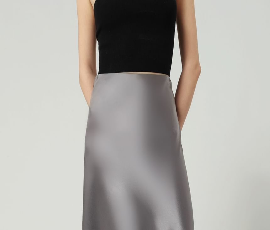 Plain High Waist Maxi A-Line Skirt Satin