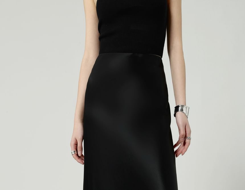 Waist Satin Plain High A-Line Skirt Maxi