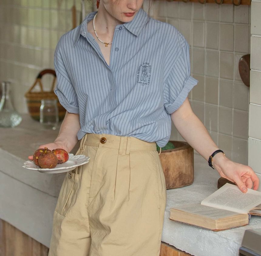 Elbow-Sleeve Embroidered Striped Blouse Button-Up Collared