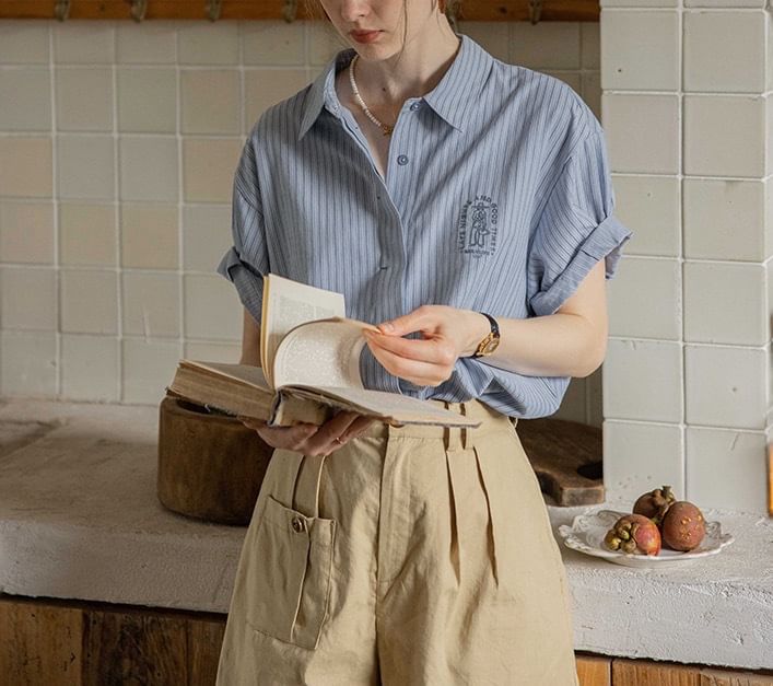 Elbow-Sleeve Embroidered Striped Blouse Button-Up Collared