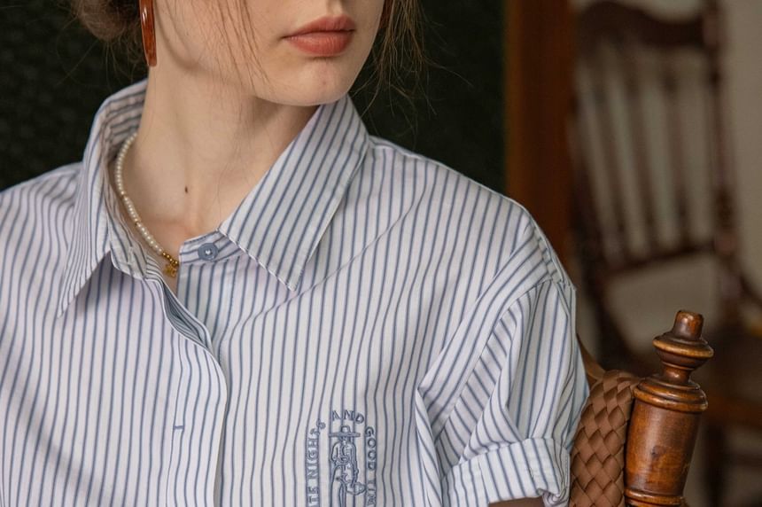Elbow-Sleeve Embroidered Striped Blouse Button-Up Collared