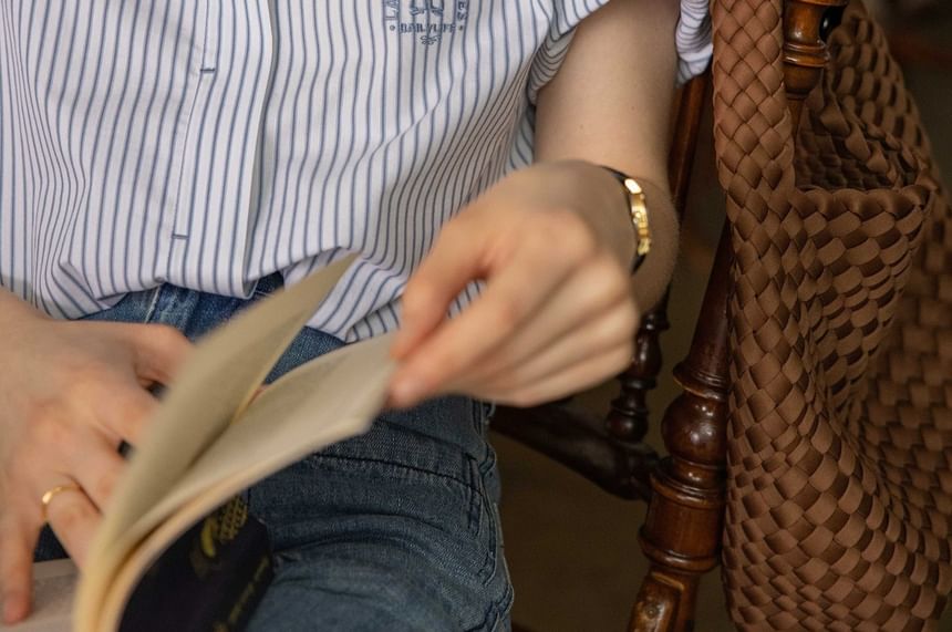 Elbow-Sleeve Button-Up Collared Embroidered Striped Blouse