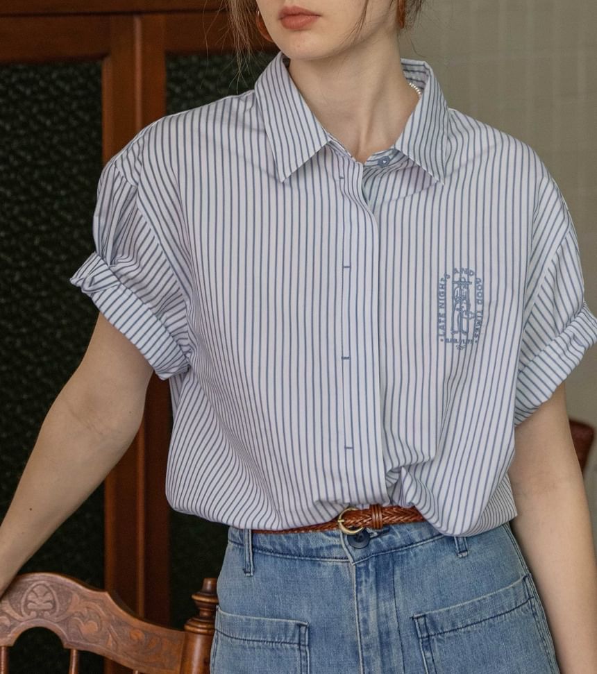 Elbow-Sleeve Embroidered Striped Blouse Button-Up Collared