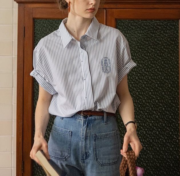 Elbow-Sleeve Embroidered Striped Blouse Button-Up Collared