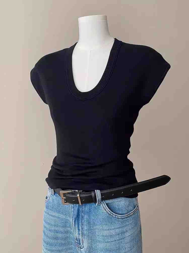 Slim Plain Top Scoop Neck Fit Cap-Sleeve Knit