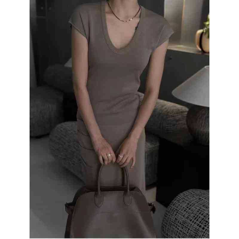 Slim Plain Top Scoop Neck Fit Cap-Sleeve Knit