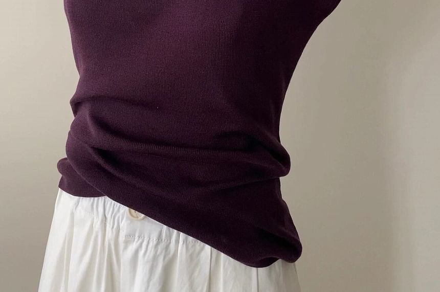 Slim Plain Top Scoop Neck Fit Cap-Sleeve Knit