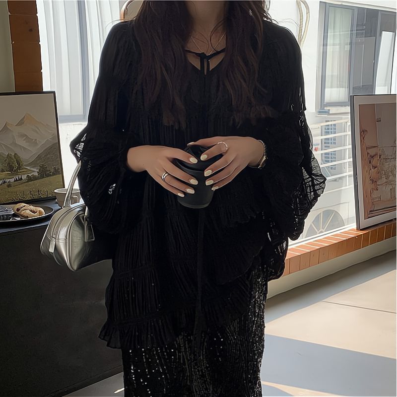 Skirt Blouse V-Neck Front Set Top / High Midi Tie Plain H-Line Sheer Long-Sleeve Sequin Cami Rise