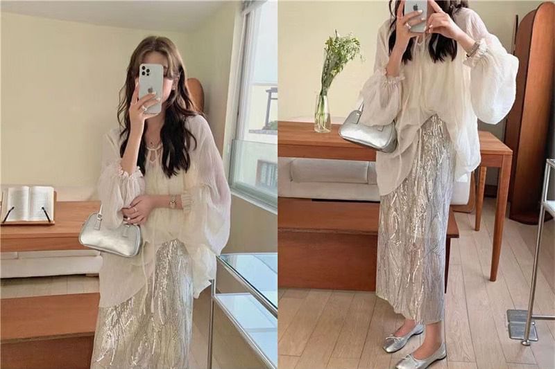 V-Neck H-Line Blouse Plain Cami Set Skirt Tie Top Rise Midi Sequin Long-Sleeve Sheer / Front High