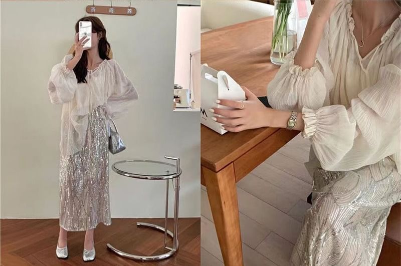 Skirt Blouse V-Neck Front Set Top / High Midi Tie Plain H-Line Sheer Long-Sleeve Sequin Cami Rise