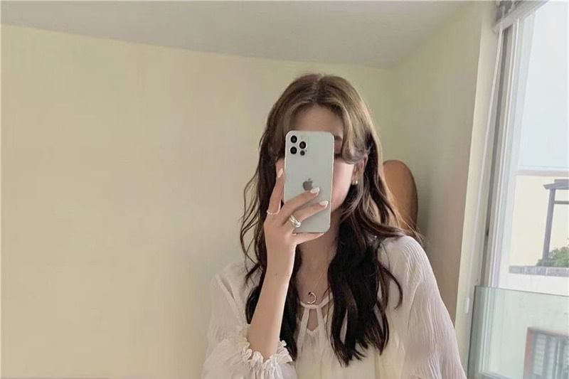 V-Neck H-Line Blouse Plain Cami Set Skirt Tie Top Rise Midi Sequin Long-Sleeve Sheer / Front High