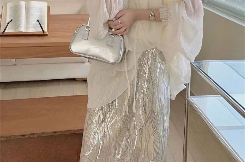 Skirt Blouse V-Neck Front Set Top / High Midi Tie Plain H-Line Sheer Long-Sleeve Sequin Cami Rise