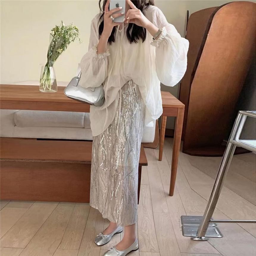 V-Neck H-Line Blouse Plain Cami Set Skirt Tie Top Rise Midi Sequin Long-Sleeve Sheer / Front High