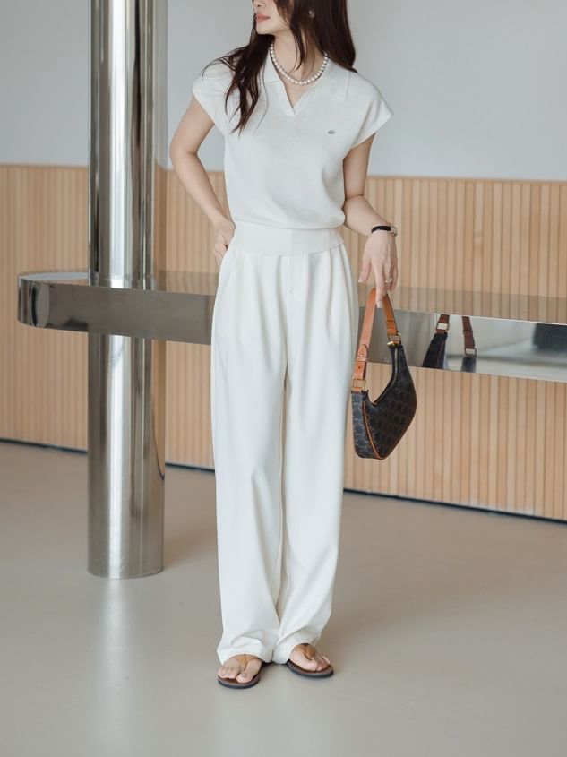 Top V-Neck Collared Plain Crop Knit Cap-Sleeve