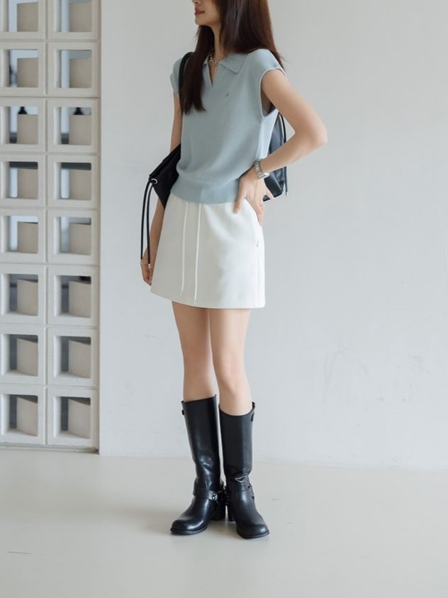 Top Plain Cap-Sleeve Collared Knit Crop V-Neck