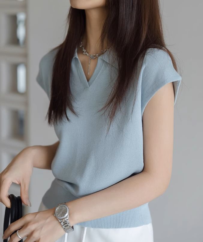 Top Plain Cap-Sleeve Collared Knit Crop V-Neck
