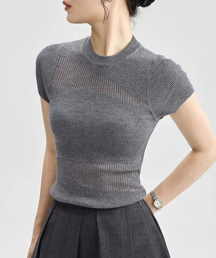 Top Plain Sheer Knit Panel Round Cap-Sleeve Neck