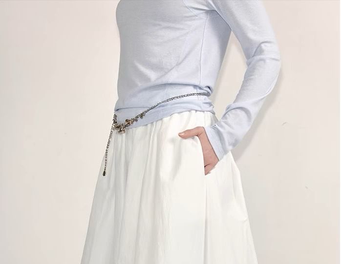 Paperbag Plain Elastic Midi Waist Skirt