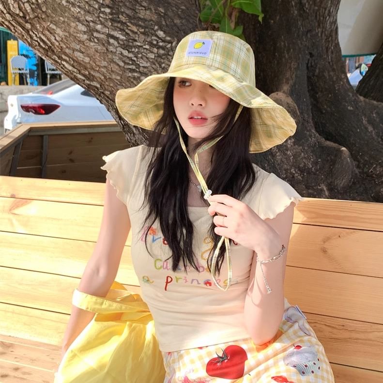 Hat Lemon Sun Applique Plaid