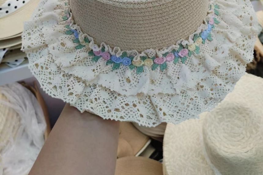 Straw Floral Trim Hat Lace