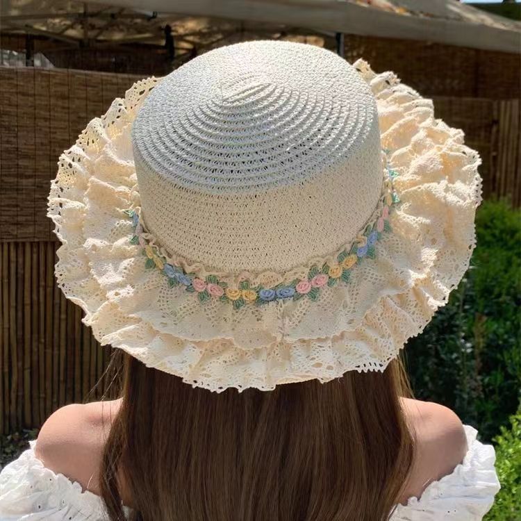 Straw Floral Trim Hat Lace