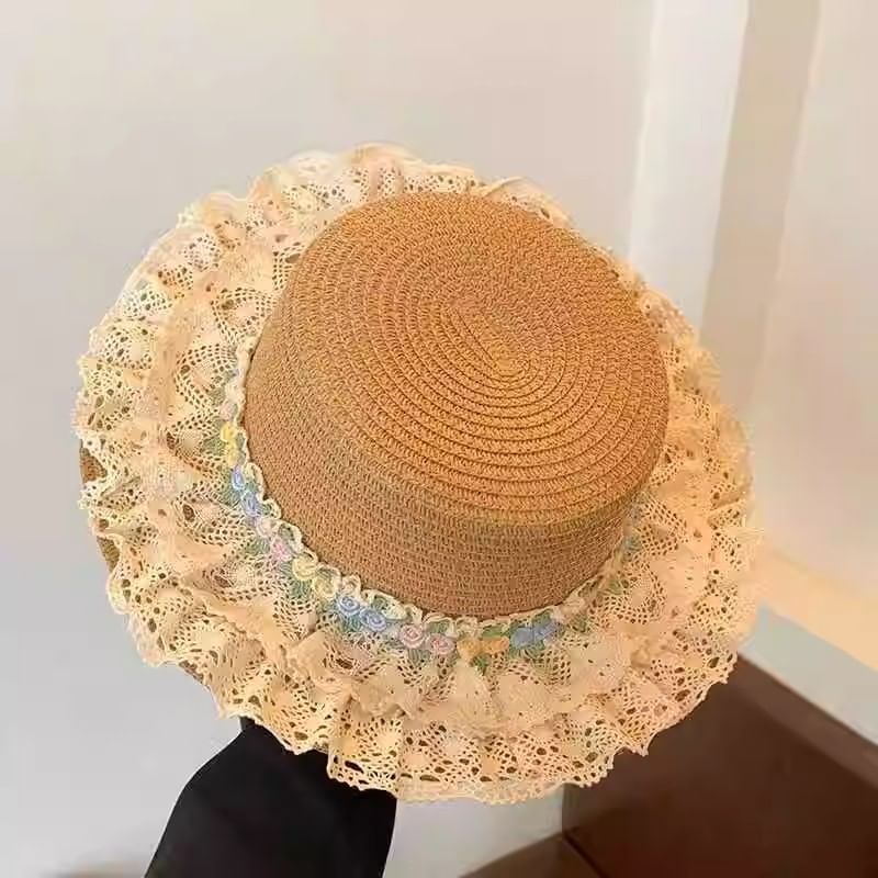 Straw Floral Trim Hat Lace