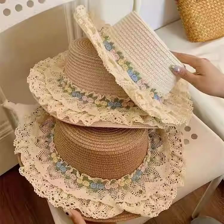 Straw Floral Trim Hat Lace