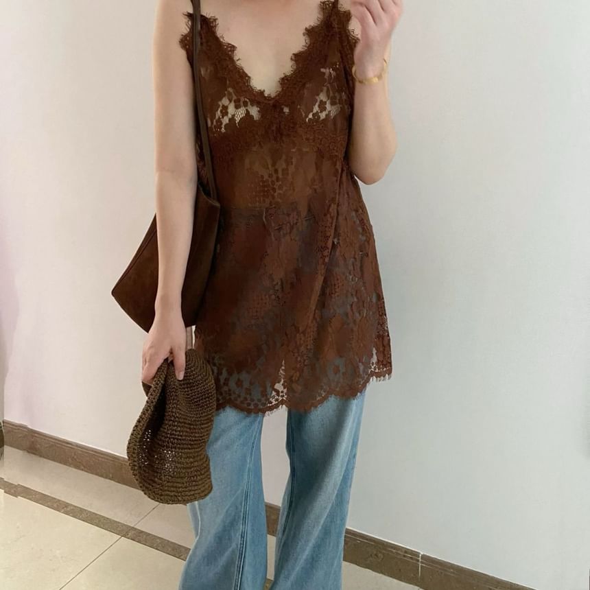 Plain Spaghetti Top Cami Lace Strap V-Neck