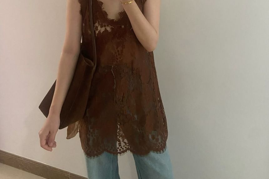 Top Lace Cami Plain Spaghetti V-Neck Strap