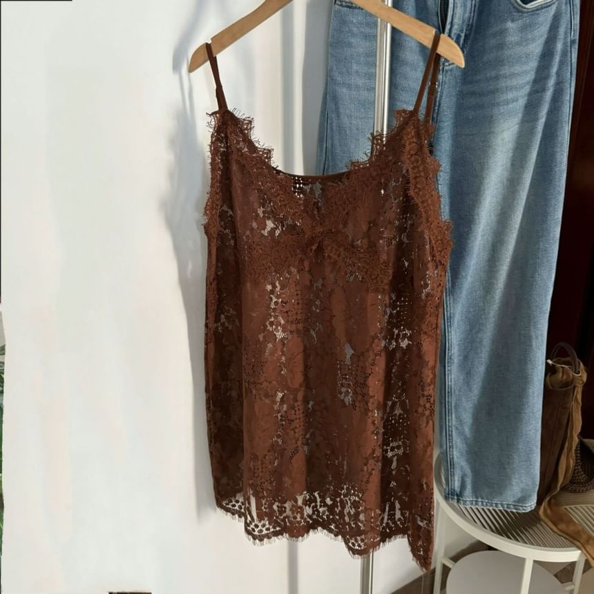 Plain Spaghetti Top Cami Lace Strap V-Neck