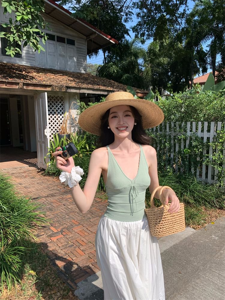 Neck Camisole Strap Spaghetti Top Tie V-Neck Plain