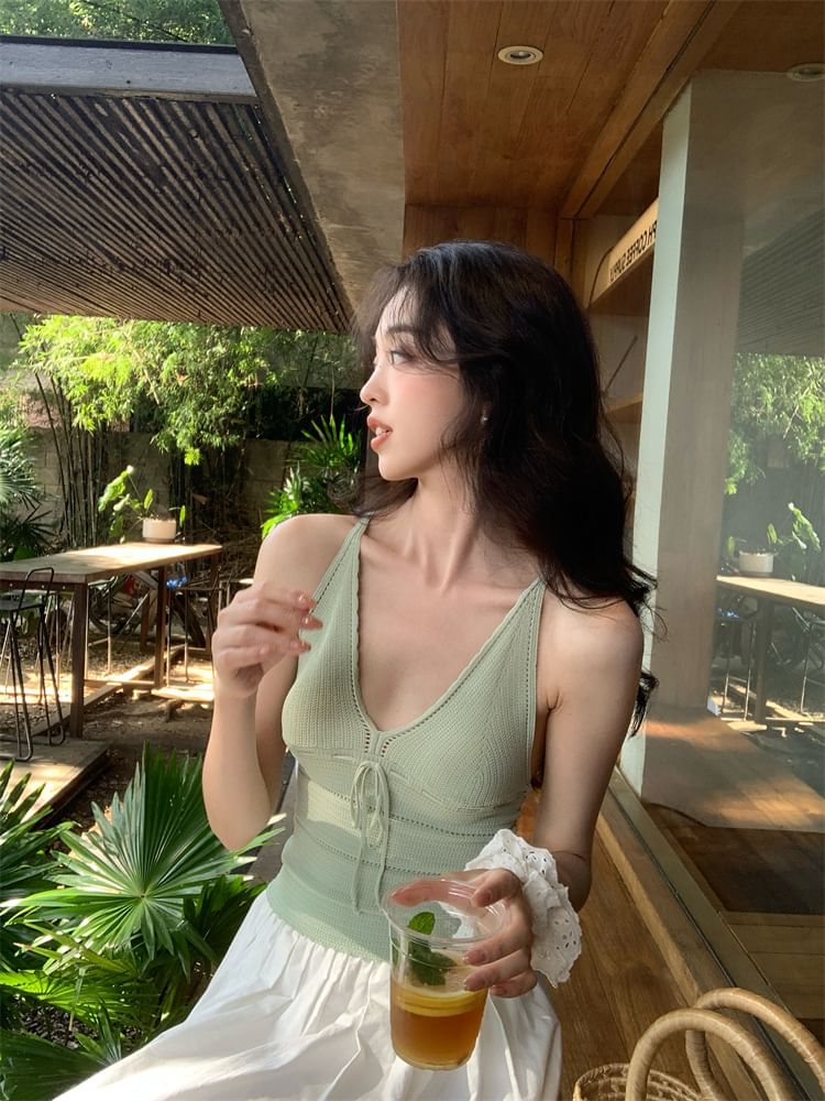 Neck Camisole Strap Spaghetti Top Tie V-Neck Plain