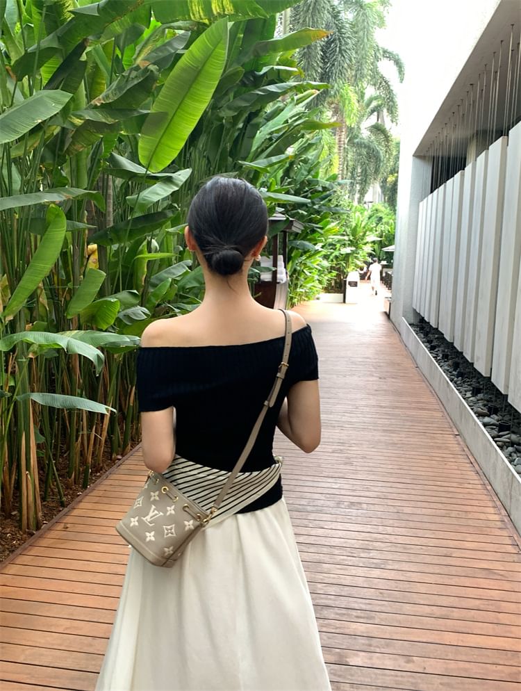 Top Knit Short-Sleeve Plain Ribbed Shoulder Off