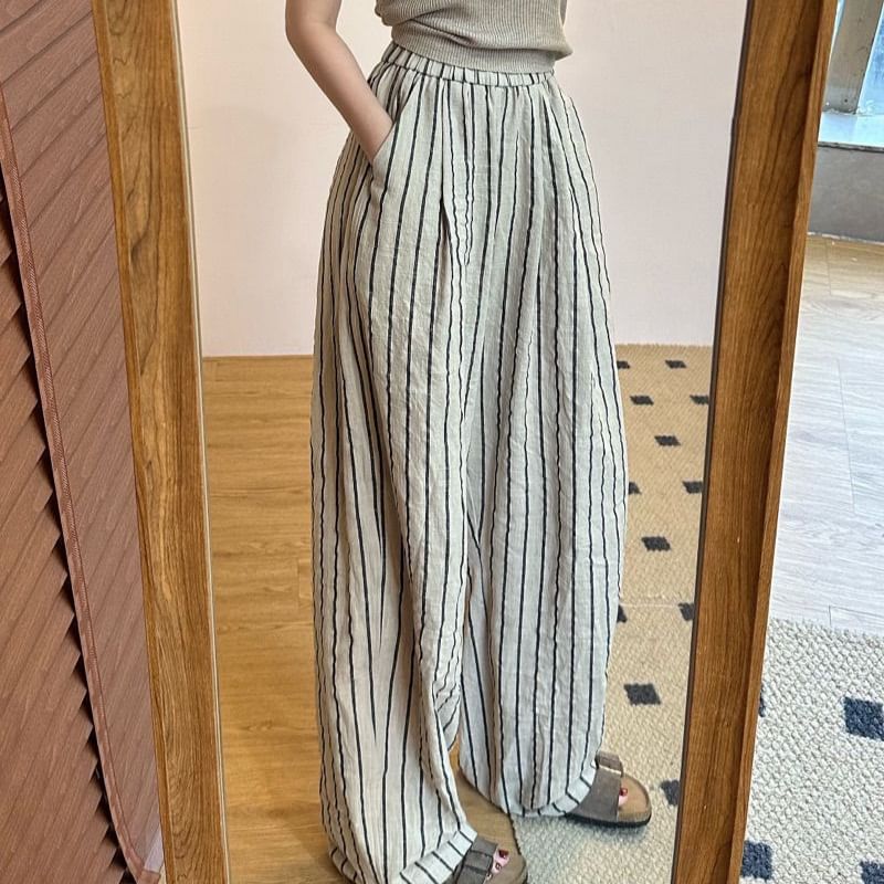Striped Leg High Plain Wide Waist Pants
