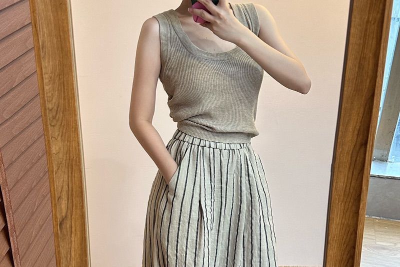 Wide Waist Striped Pants Leg High Plain