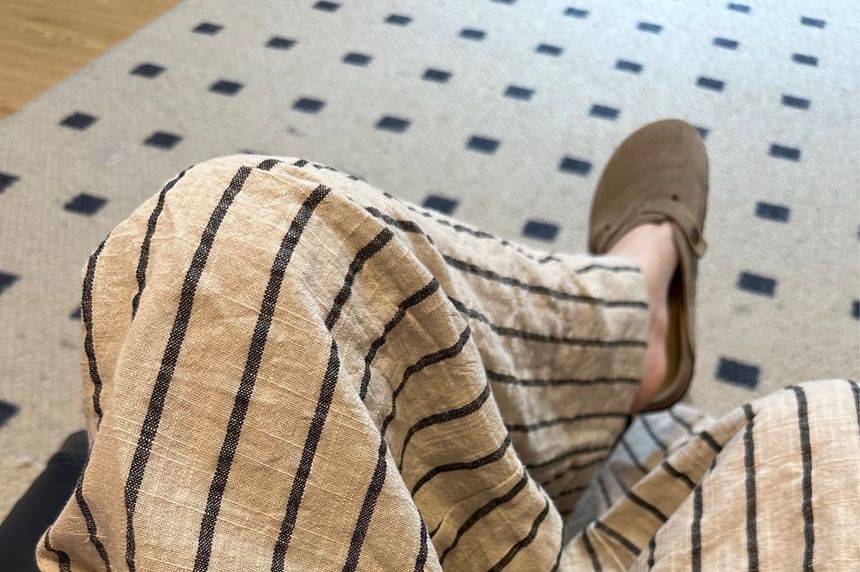 Waist Plain Striped Pants High Wide Leg