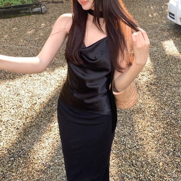 Neck Camisole Plain Top Cowl Spaghetti Strap