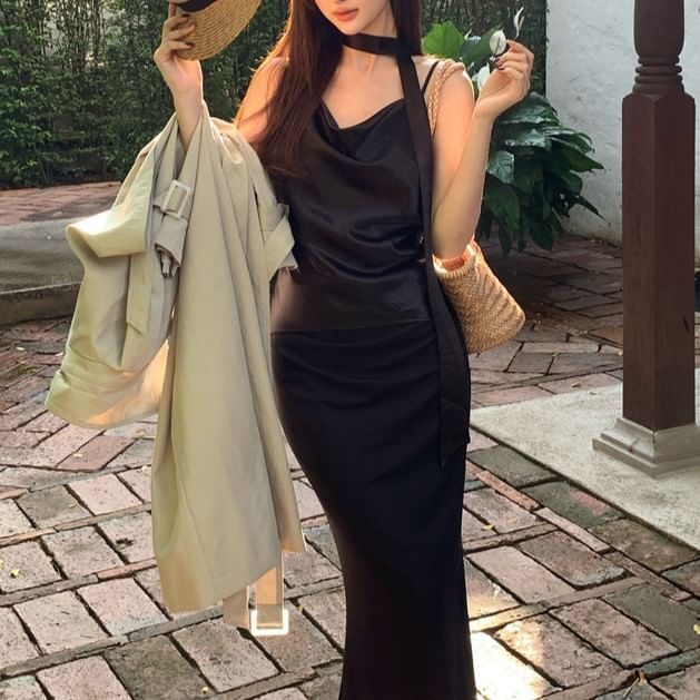 Camisole Spaghetti Top Neck Plain Strap Cowl