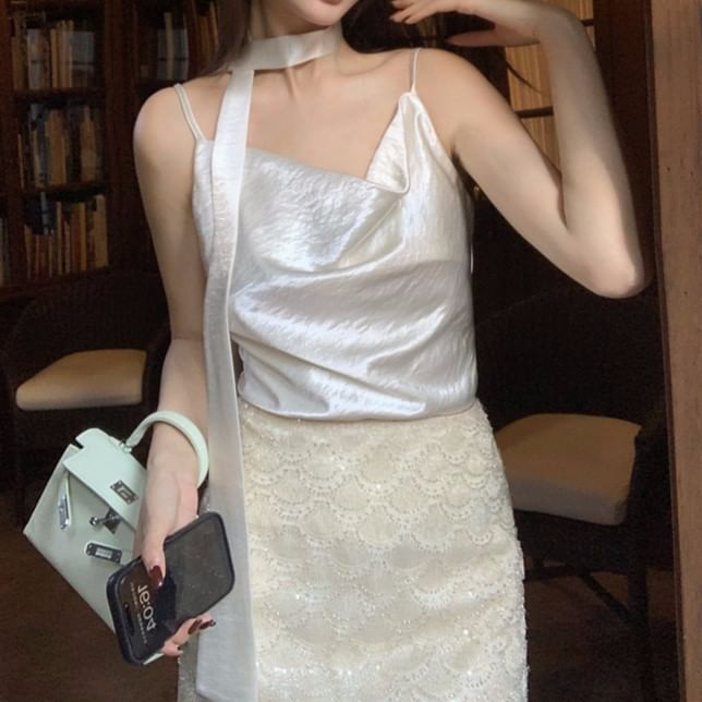 Neck Camisole Plain Top Cowl Spaghetti Strap