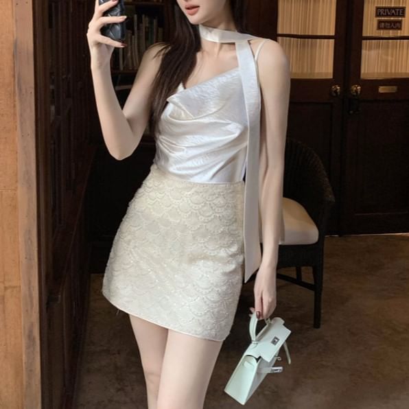 Neck Camisole Plain Top Cowl Spaghetti Strap