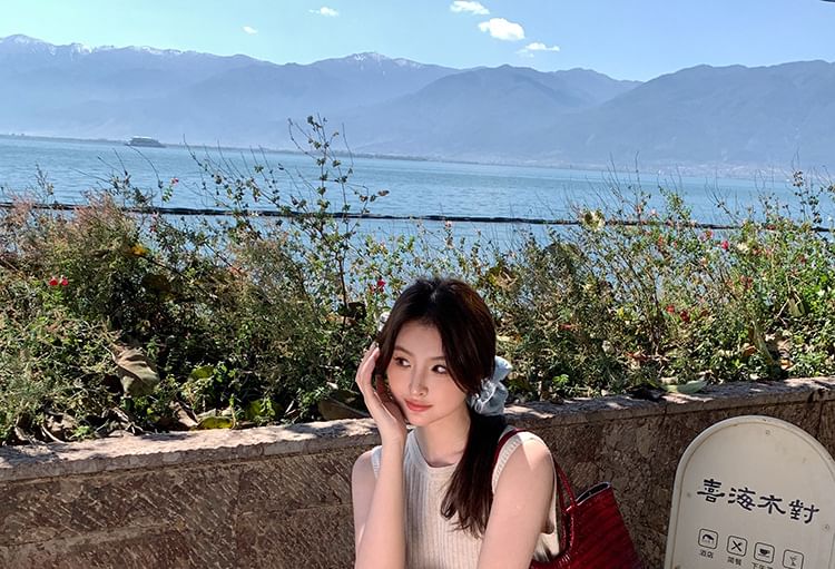 Plain Top Neck Sleeveless Knit Ribbed Crew