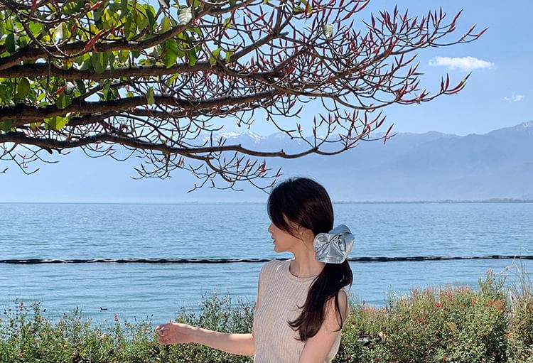 Top Plain Ribbed Knit Crew Neck Sleeveless