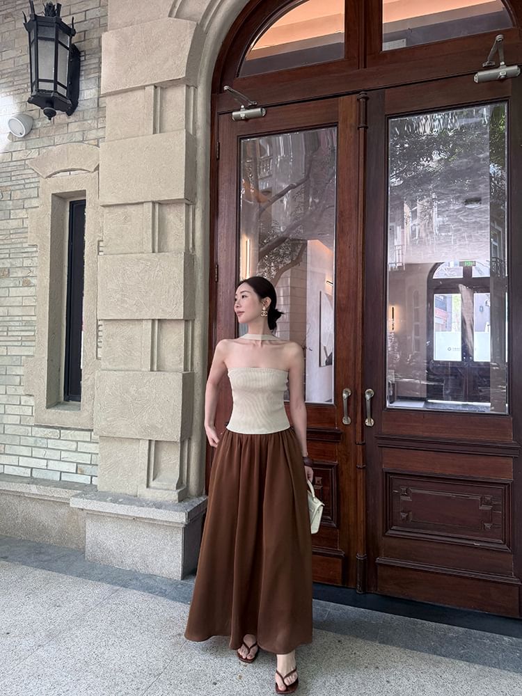 Halter Ribbed Knit Plain Top Neck